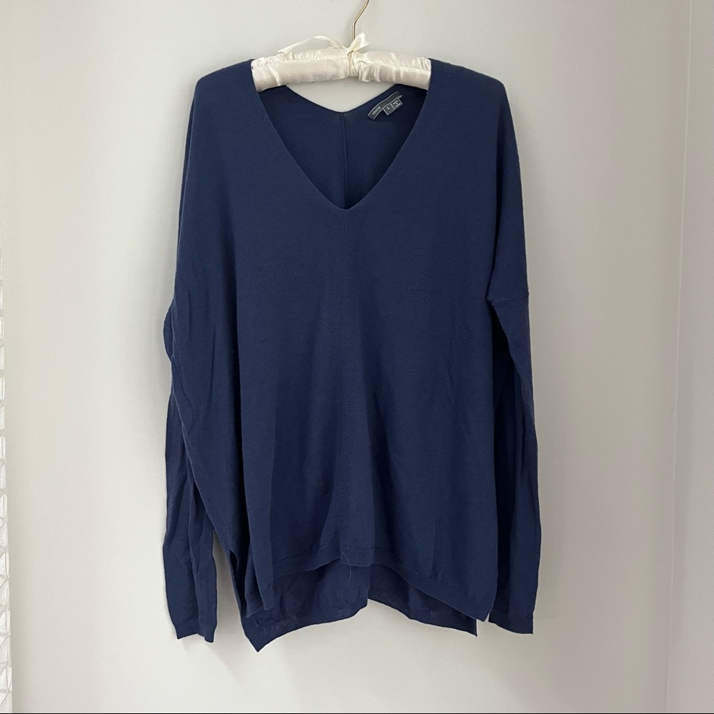 Vince navy cashmere and wool V-neck sweater.